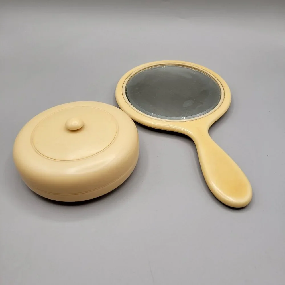 French Ivory Celluloid Beveled Hand Mirror and Powder Jar Vanity Dresser Set